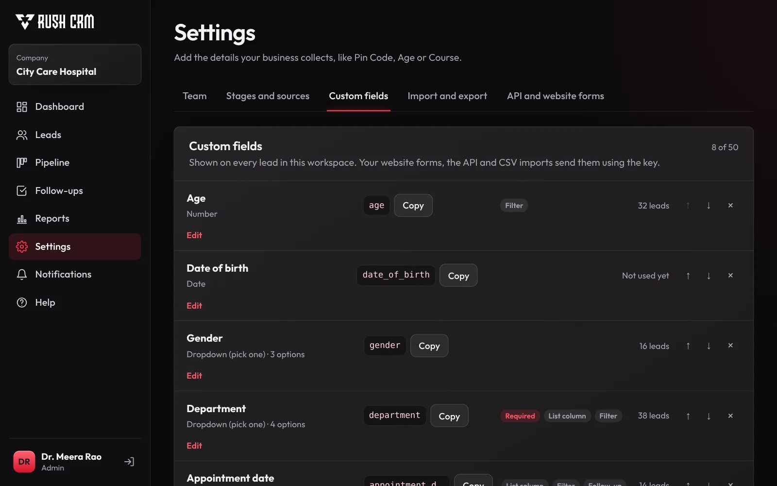 Custom fields such as Age, Date of birth, Gender and Department