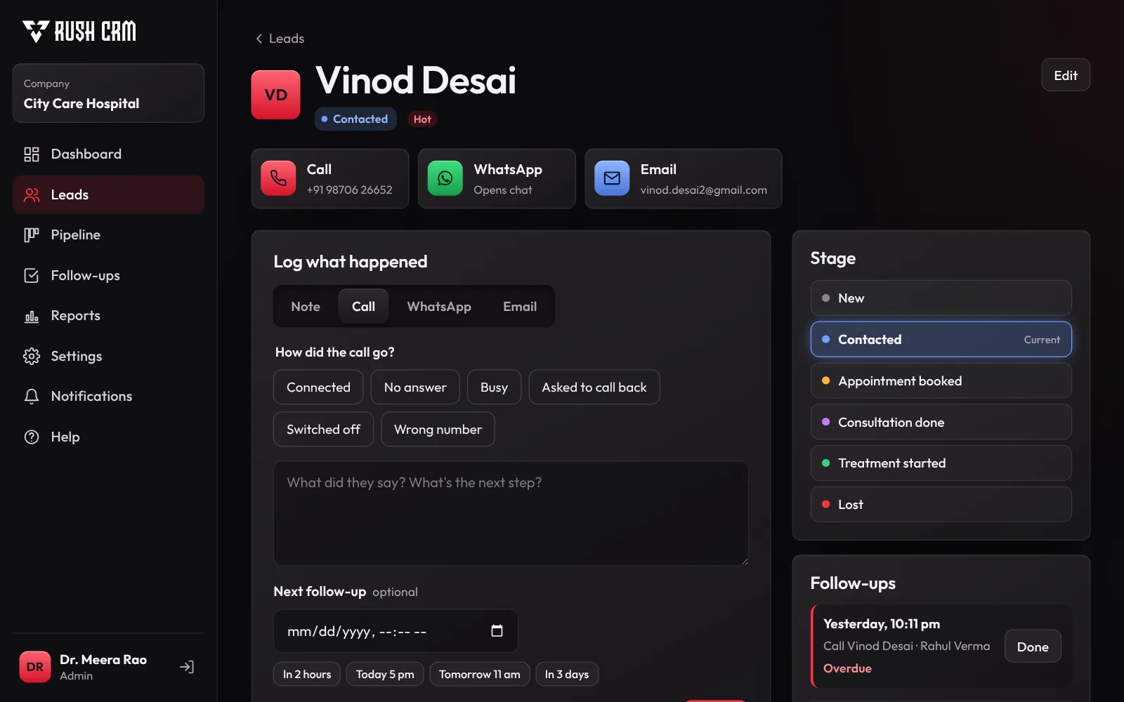 A lead page with call, WhatsApp and email buttons, call outcomes and stages